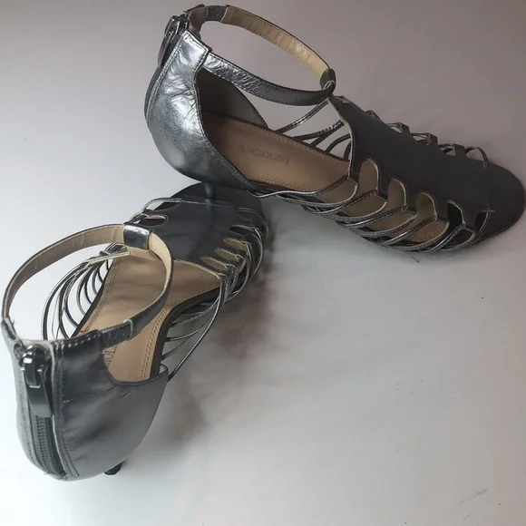 Enzo Angiolini Silver Strappy Leather Heels Elegant Design  Zipper Back 7 1/2M - Picture 8 of 15